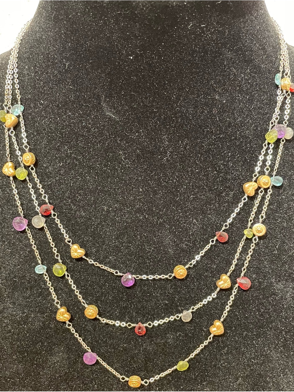 Brighton Three Strand Multi-Color Crystal GoldAccent Layered Silver ToneNecklace